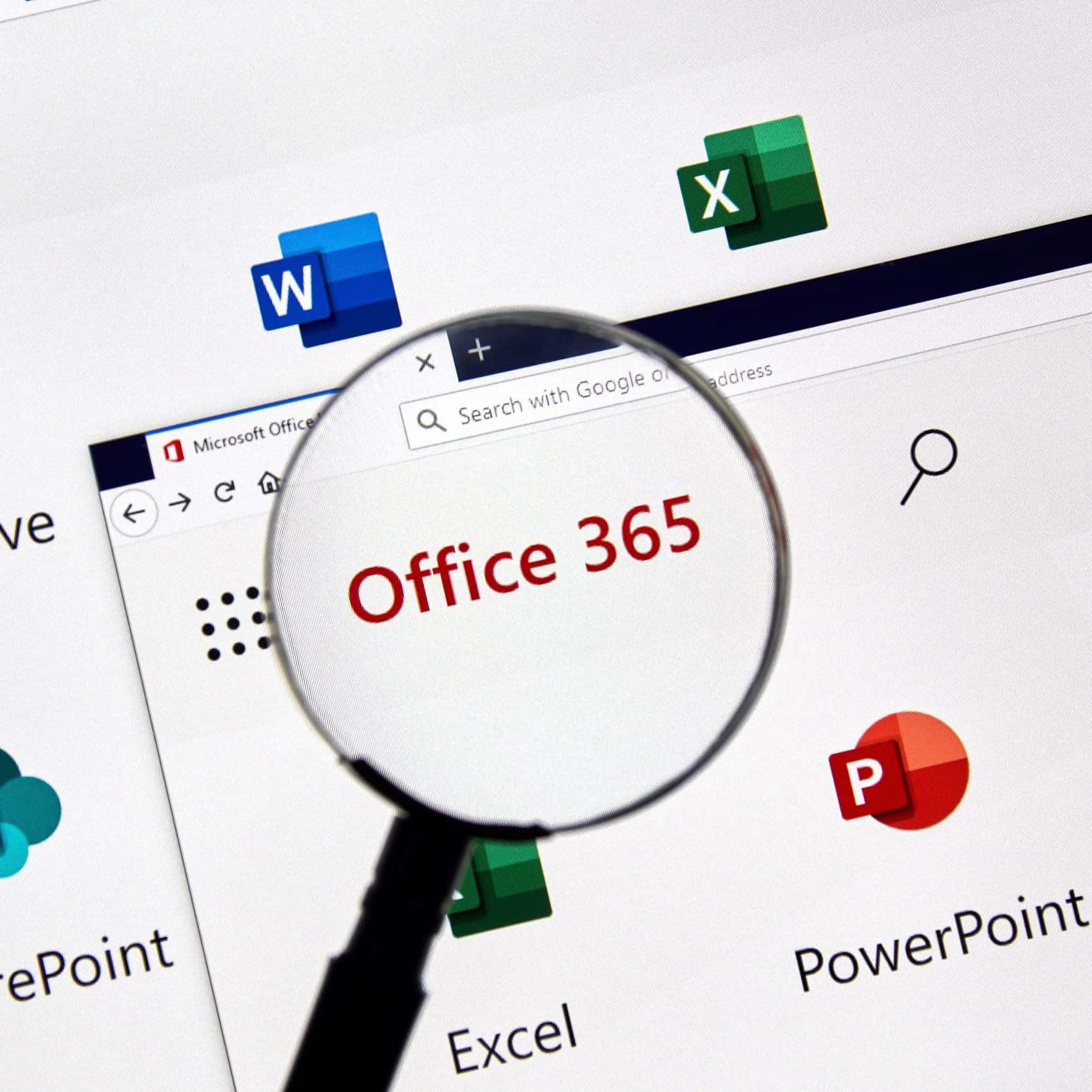 dessin loupe au dessus du mot "Office 365" entouré des applications Microsoft 365