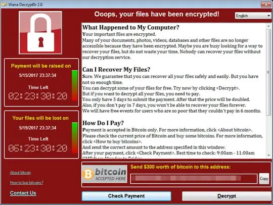 capture d'écran d'un message généré par le Ransomware Wannacry