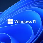 icone et texte "Windows 11" sur fond de vagues stylisés aux nuance bleu