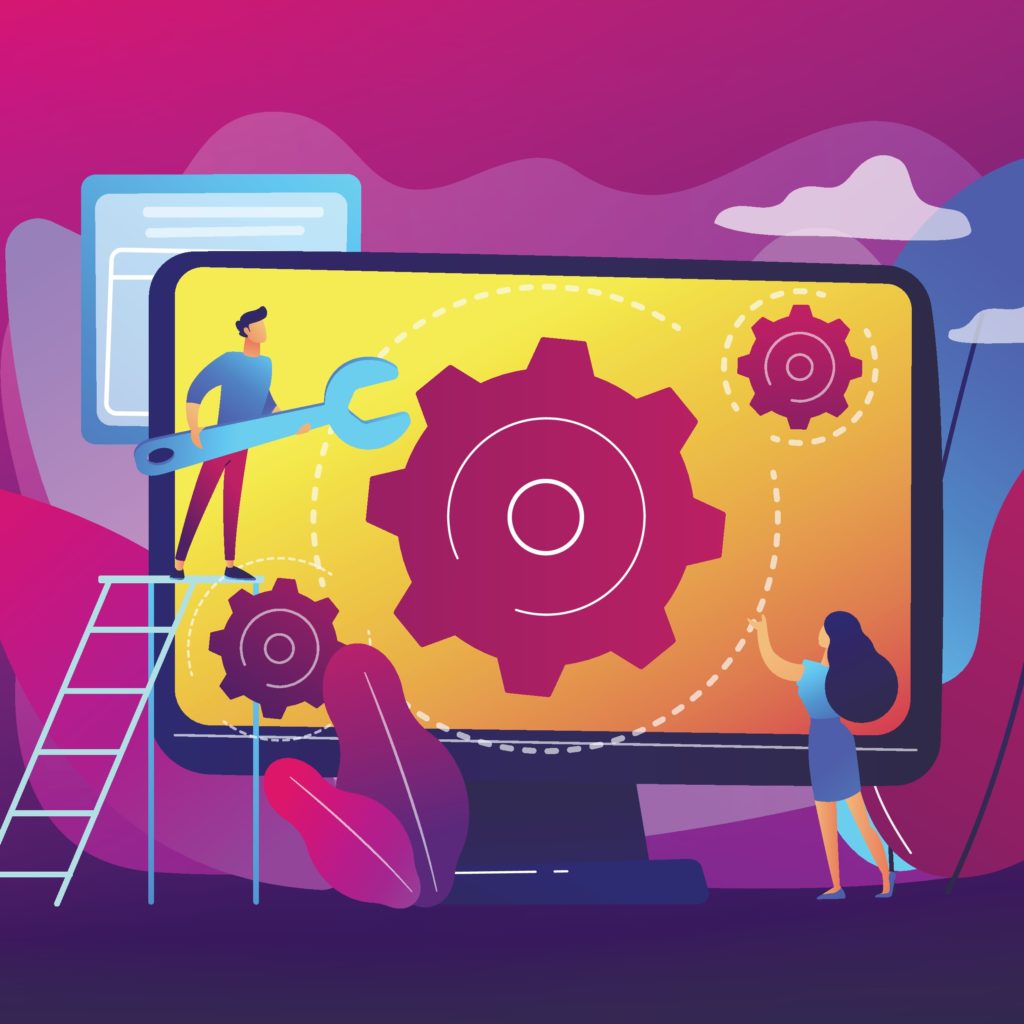 2 personnes devant un écran d'ordinateur géant qui affiche des roues crantées