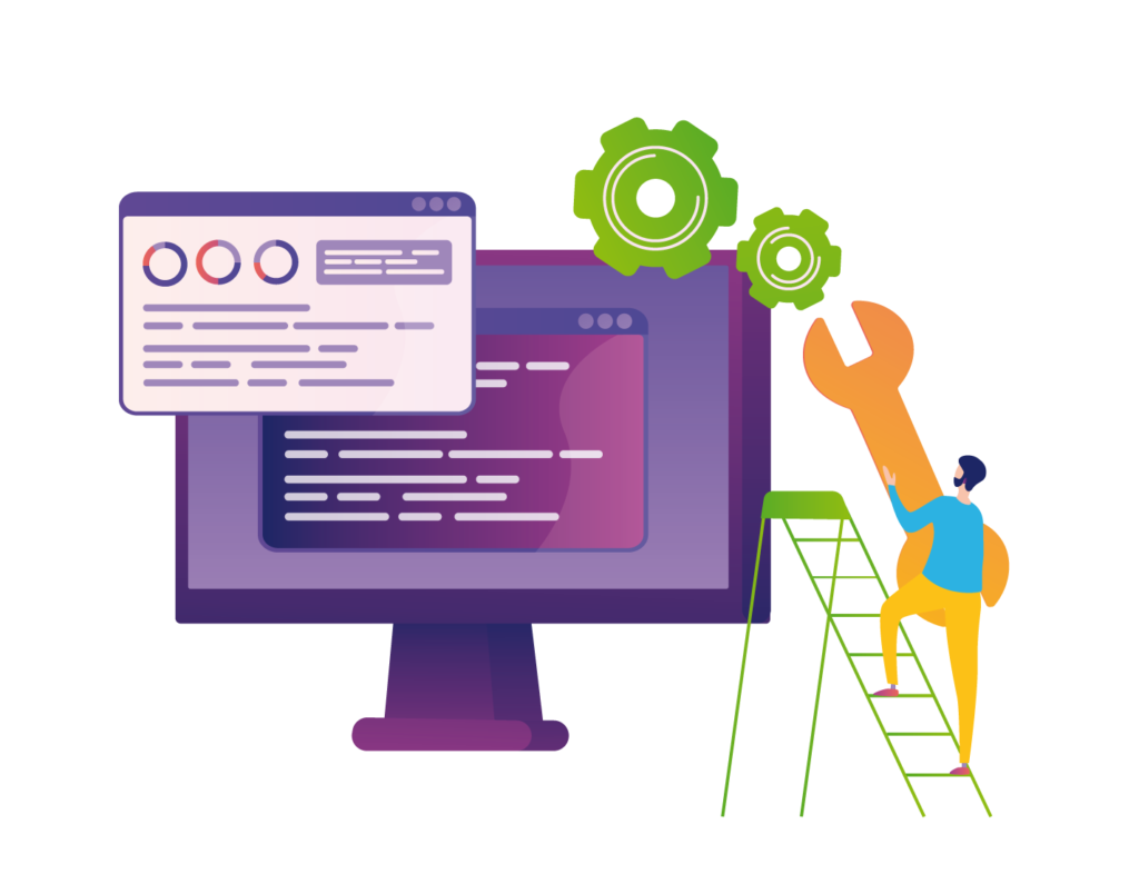 technicien sur un escabeau avec une clef devant un ordi