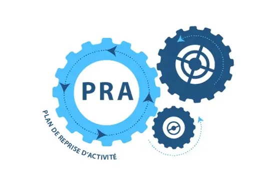 3 roues crantées encastré bleu texte "PRA" au centre de la plus grosse