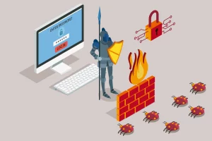 chevalier derrière un mur de feu protégeant un ordinateur de virus