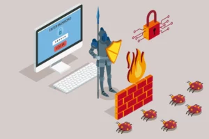 chevalier derrière un mur de feu protégeant un ordinateur de virus
