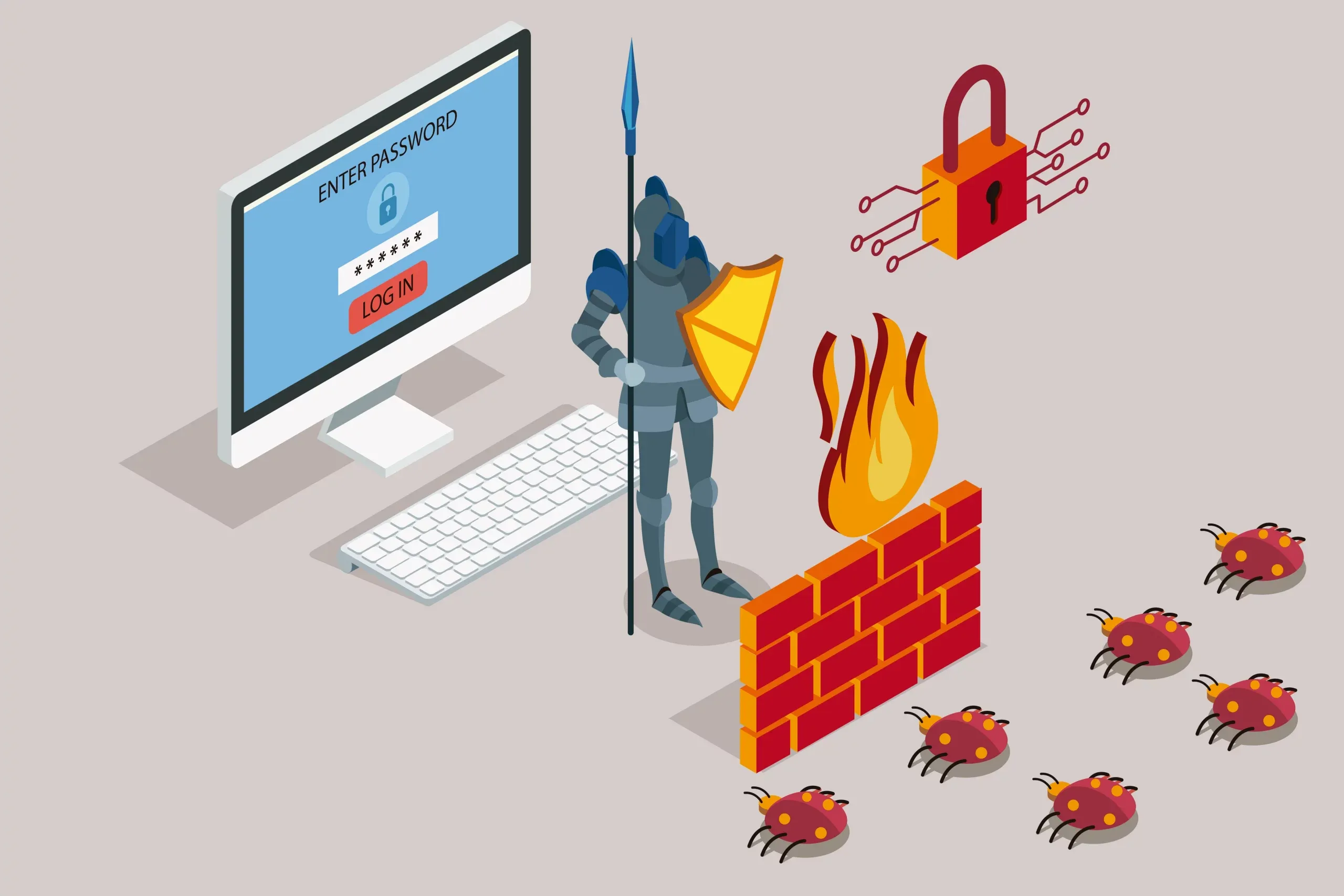 chevalier derrière un mur de feu protégeant un ordinateur de virus