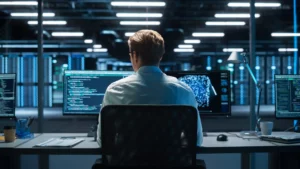 Personne assise devant un écran affichant du code informatique