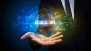 représentation Architecture réseau en lévitation au dessus d'une main