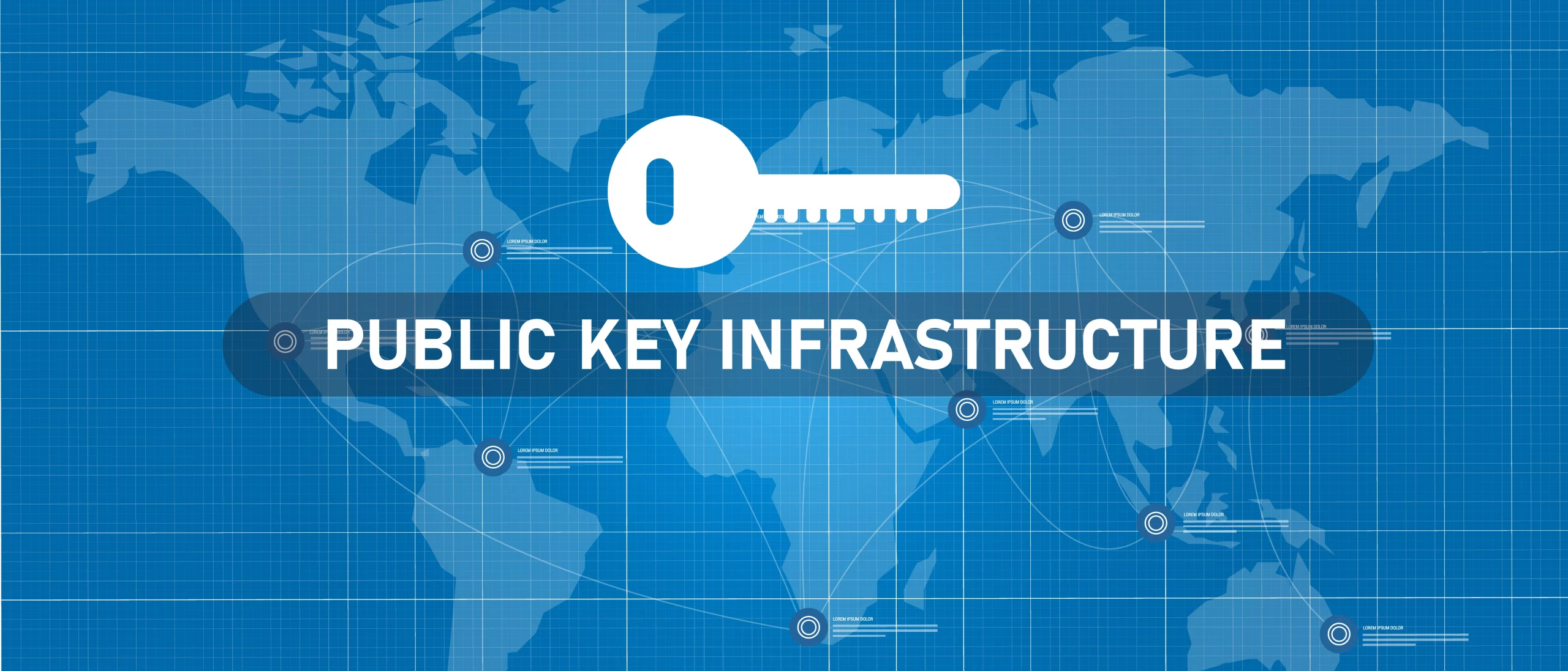 image clef sur fond de carte, texte "Public Key Infrastructure"