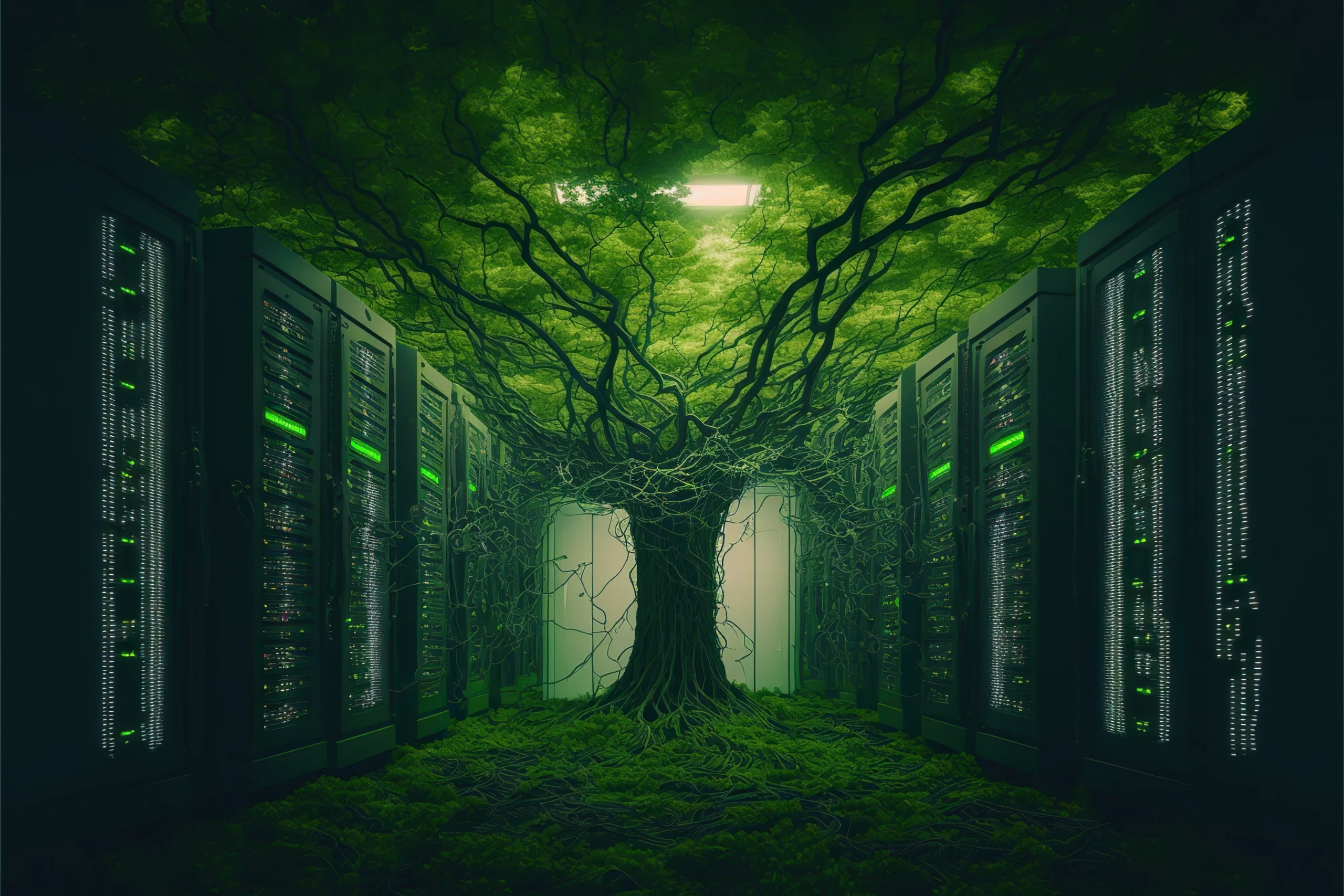 salle de serveurs avec un arbre qui prend possession des lieux Green IT
