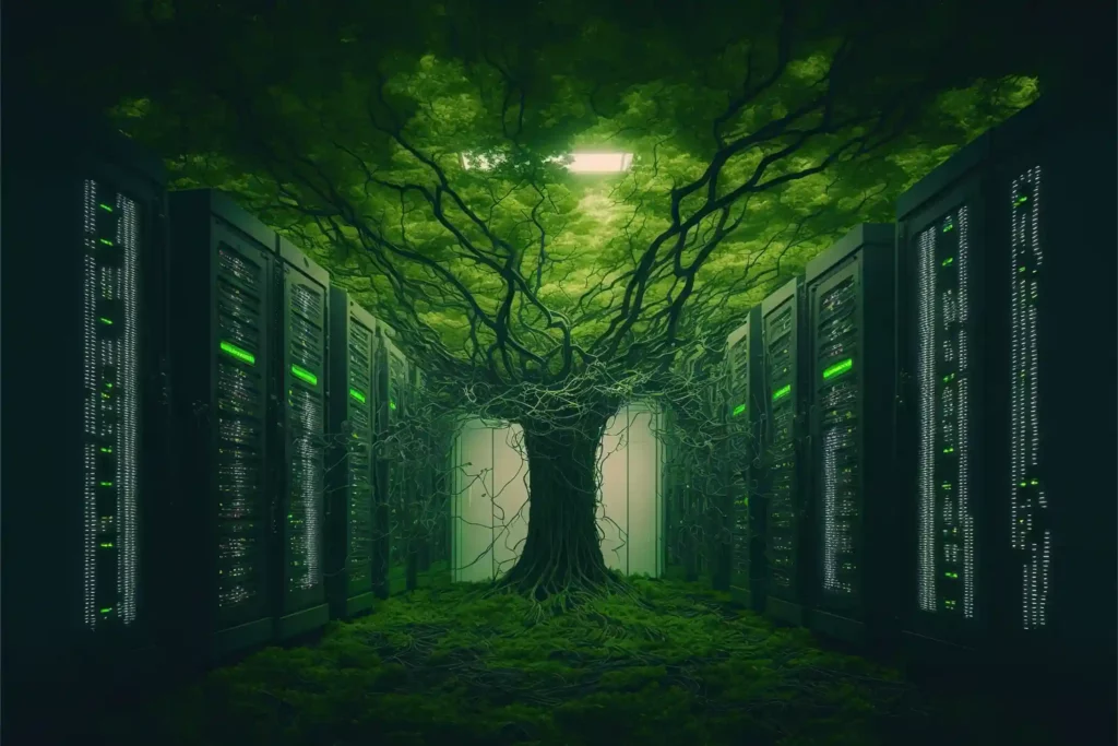 salle de serveurs avec un arbre qui prend possession des lieux Green IT