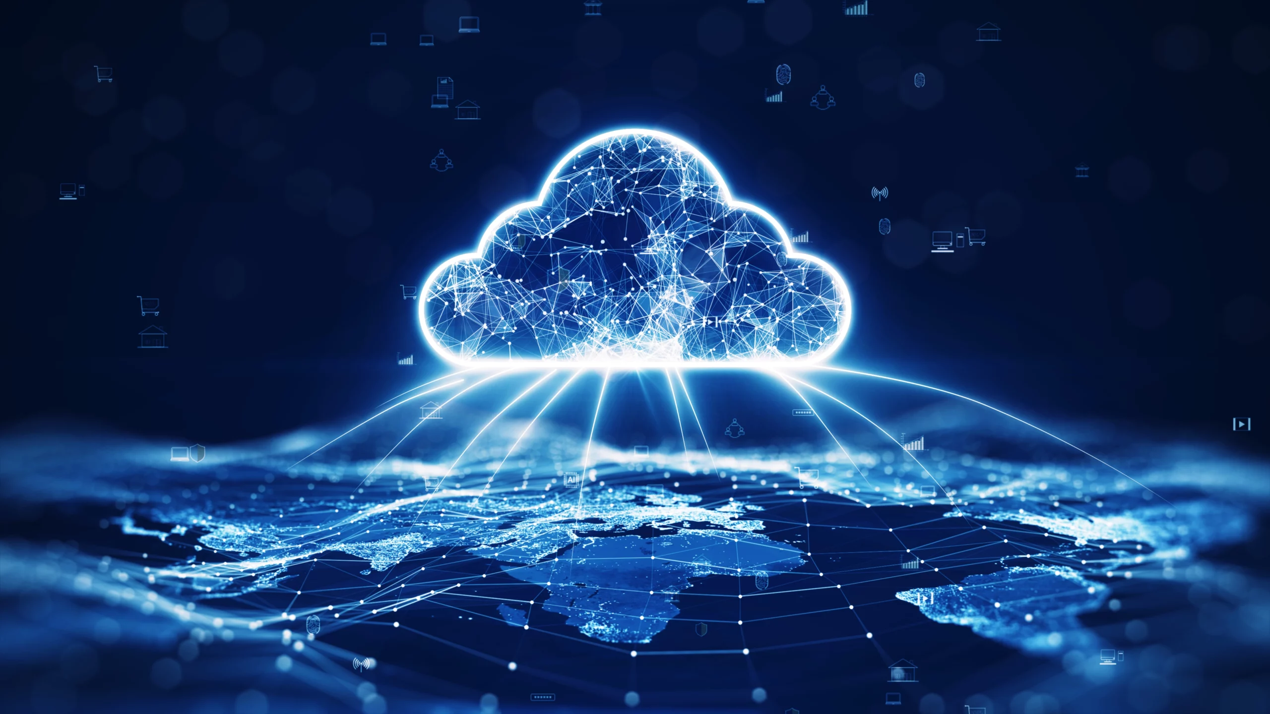 Un nuage envoyant des données par dessus un planisphère