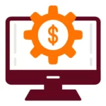 Une icône représente un ordinateur dont l'écran affiche un engrenage avec un symbole dollar en son centre.