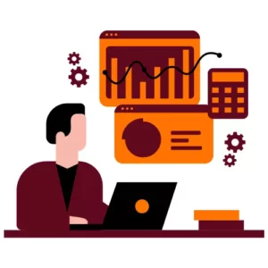 Une icône représente un homme concentré sur son ordinateur, avec des pages web illustrant des statistiques et des graphiques au-dessus de celui-ci.