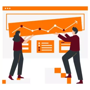 Une icône représente deux personnes en train de soulever un graphique qu'elles s'apprêtent à intégrer sur une page web d'analyse.