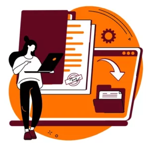 Une personne est représentée en train d'envoyer un dossier depuis un autre appareil vers son ordinateur.