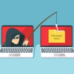 Un pirate informatique, installé derrière son ordinateur, utilise une canne à pêche pour s'emparer des informations personnelles stockées sur une autre machine.