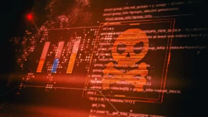 En arrière-plan, se déploient des lignes de code tandis qu'au premier plan, il y'a des données et une tête de mort, le tout sous un filtre rouge.