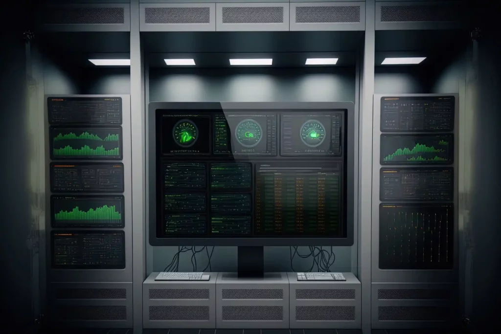 Écrans d'ordinateur affichant des statistiques et des graphiques, représentant un puits de logs