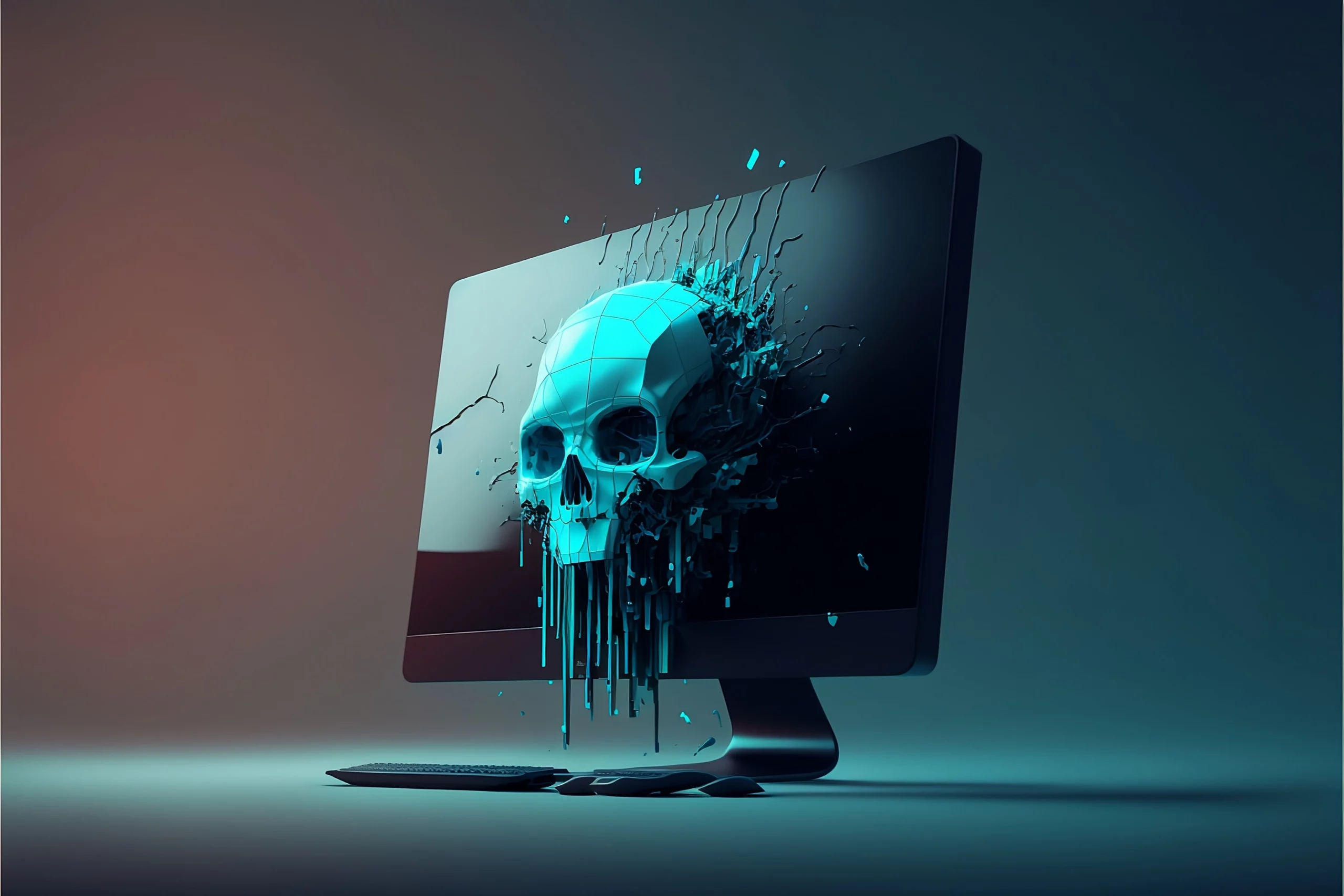Crâne numérique émergeant d'un écran d'ordinateur, représentant le concept d'un rootkit.