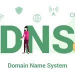 DNS écrit en vert et en dessous "Domain Name System"
