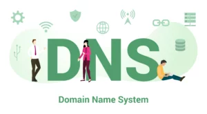 DNS écrit en vert et en dessous "Domain Name System"