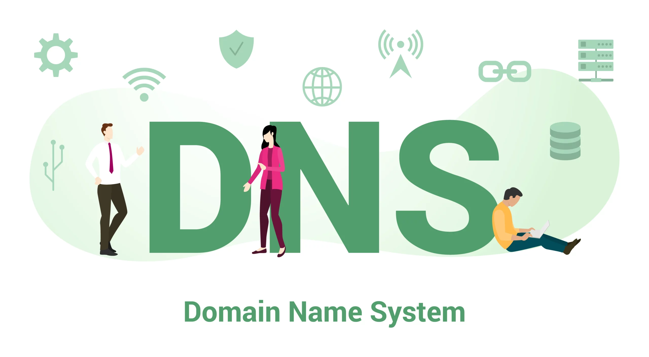 DNS écrit en vert et en dessous "Domain Name System"