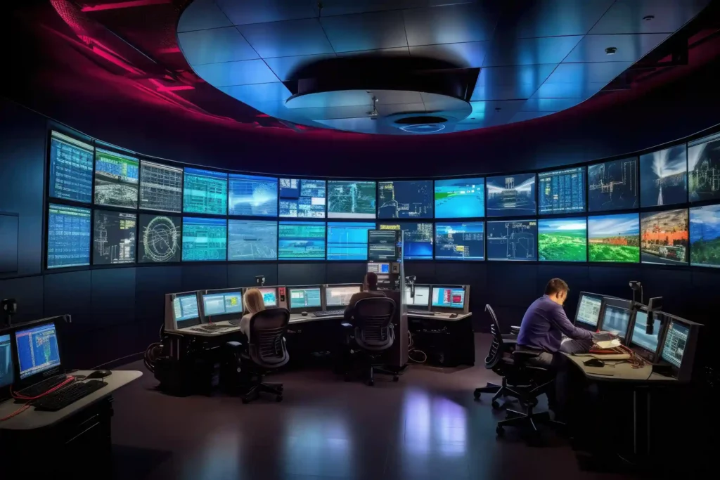 Salle de control remplie d'écrans
