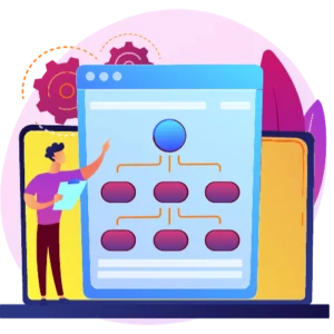 diagramme avec un homme qui le présente et des engrenages autour