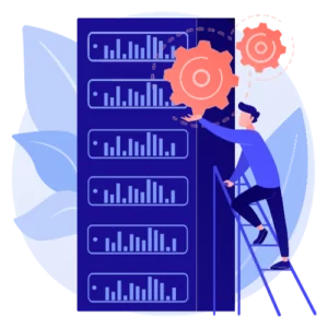 personne sur une echelle sous des engrenages addossé à une baie informatique