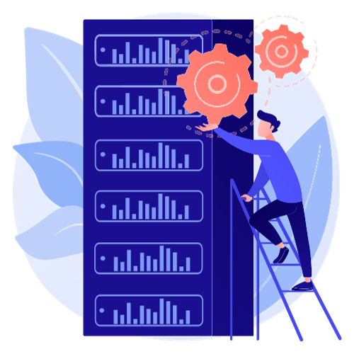 personne sur une echelle sous des engrenages addossé à une baie informatique