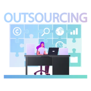 outsurcing, dame a son bureau, violet noir bleu clair