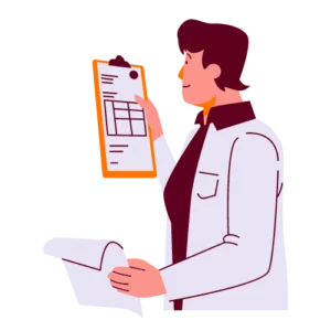 homme effectuant une analyse avec une feuille à la main et un bloc notes.