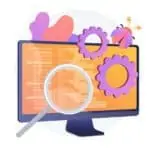 Ecran ordinateur orange avec une loupe et des illustrations réglage violettes.