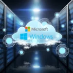 Nuage dans une salle de serveur avec le logo Microsoft et Windows