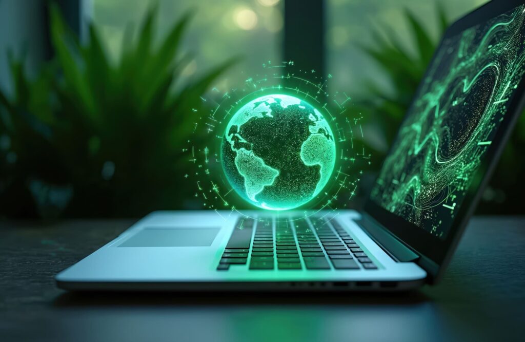ordinateur portable affichant un globe holographique vert symbolisant les services cloud et la connectivité mondiale