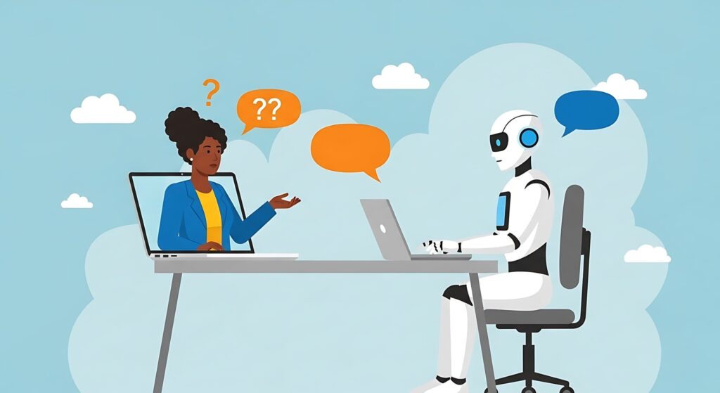 Robot assis face à un écran d'ordinateur montrant une femme, avec des bulles de dialogue