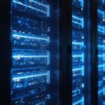 Rangée de serveurs informatiques avec lumières LED bleues dans un centre de données