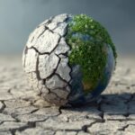 Sphère représentant la Terre, craquelée et sèche d'un côté (symbolisant l'impact écologique), et couverte de végétation verte et d'eau de l'autre (symbolisant la résilience et l'écologie). La sphère est posée sur un sol aride et craquelé. Cette image illustre le besoin de sobriété numérique face aux défis environnementaux du réchauffement climatique et de la digitalisation.