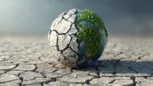 Sphère représentant la Terre, craquelée et sèche d'un côté (symbolisant l'impact écologique), et couverte de végétation verte et d'eau de l'autre (symbolisant la résilience et l'écologie). La sphère est posée sur un sol aride et craquelé. Cette image illustre le besoin de sobriété numérique face aux défis environnementaux du réchauffement climatique et de la digitalisation.