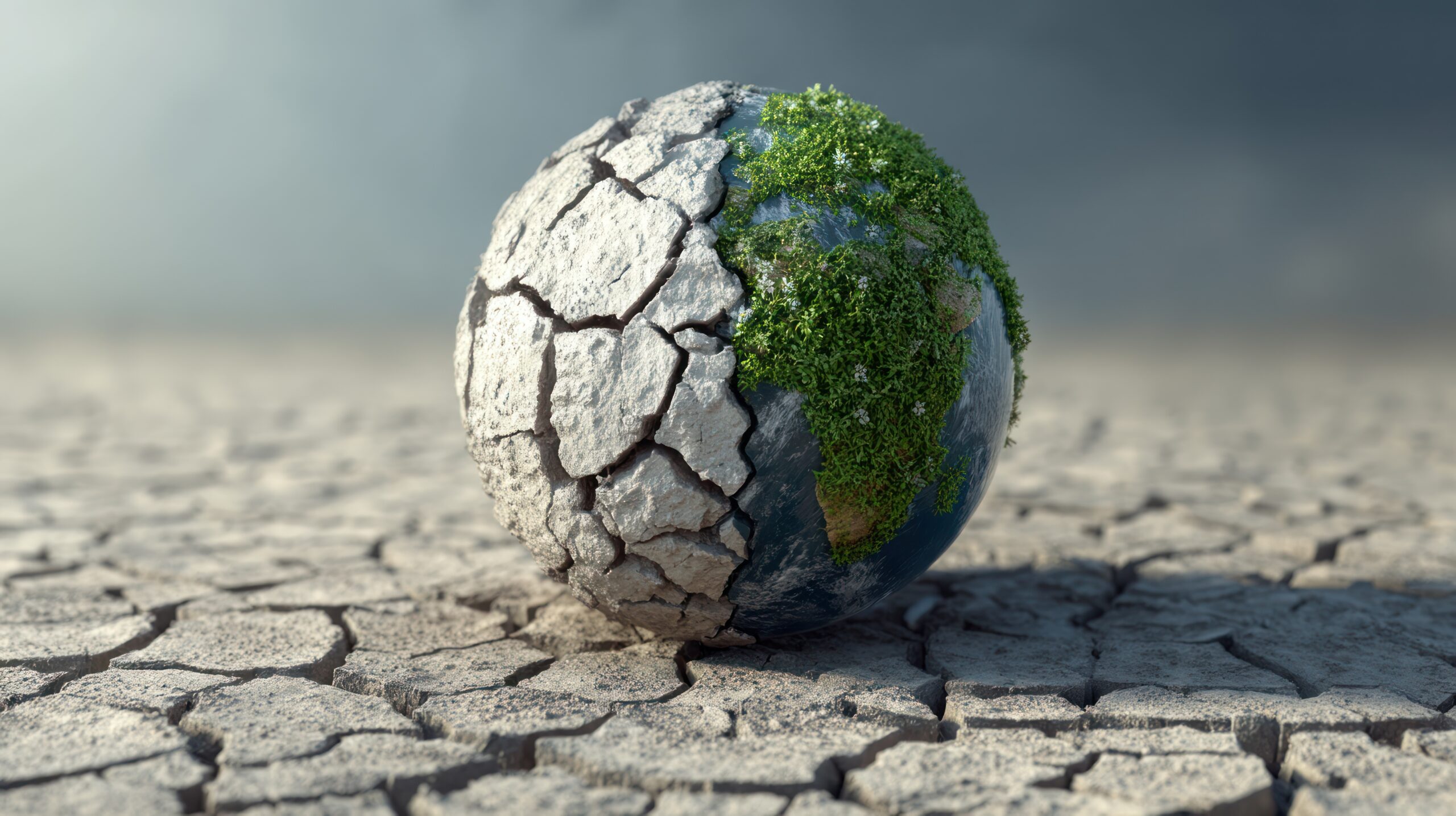Sphère représentant la Terre, craquelée et sèche d'un côté (symbolisant l'impact écologique), et couverte de végétation verte et d'eau de l'autre (symbolisant la résilience et l'écologie). La sphère est posée sur un sol aride et craquelé. Cette image illustre le besoin de sobriété numérique face aux défis environnementaux du réchauffement climatique et de la digitalisation.