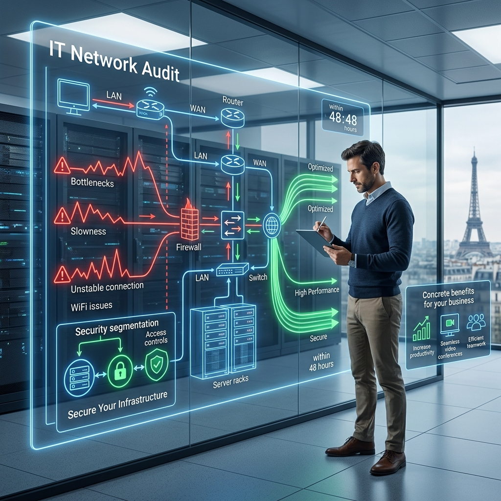 audit de réseau informatique avec analyse de données sur écrans