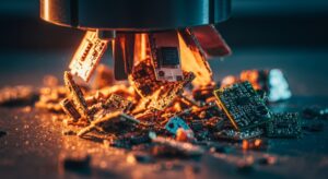 des fragments de circuits électroniques détruits sous des machines industrielles, illustrant la mise au rebut des équipements technologiques